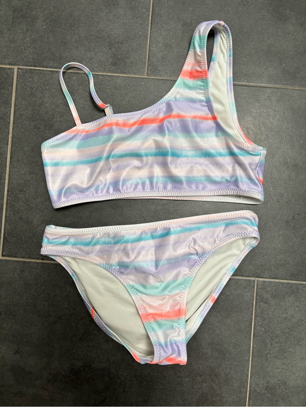 Lucky Brand Girls Two-Piece Pastel Stripe Swimsuit - Lavender, Mint, Coral